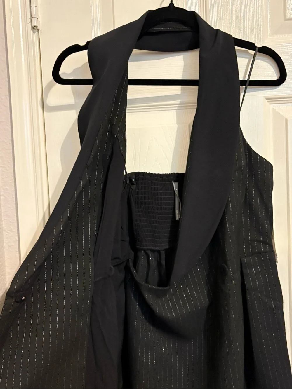 Anthropologie halter tuxedo strip midi wrap backless dress medium nwt